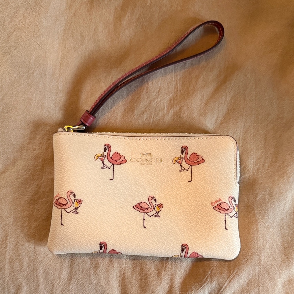 Coach Cream Flamingo Print Wristlet